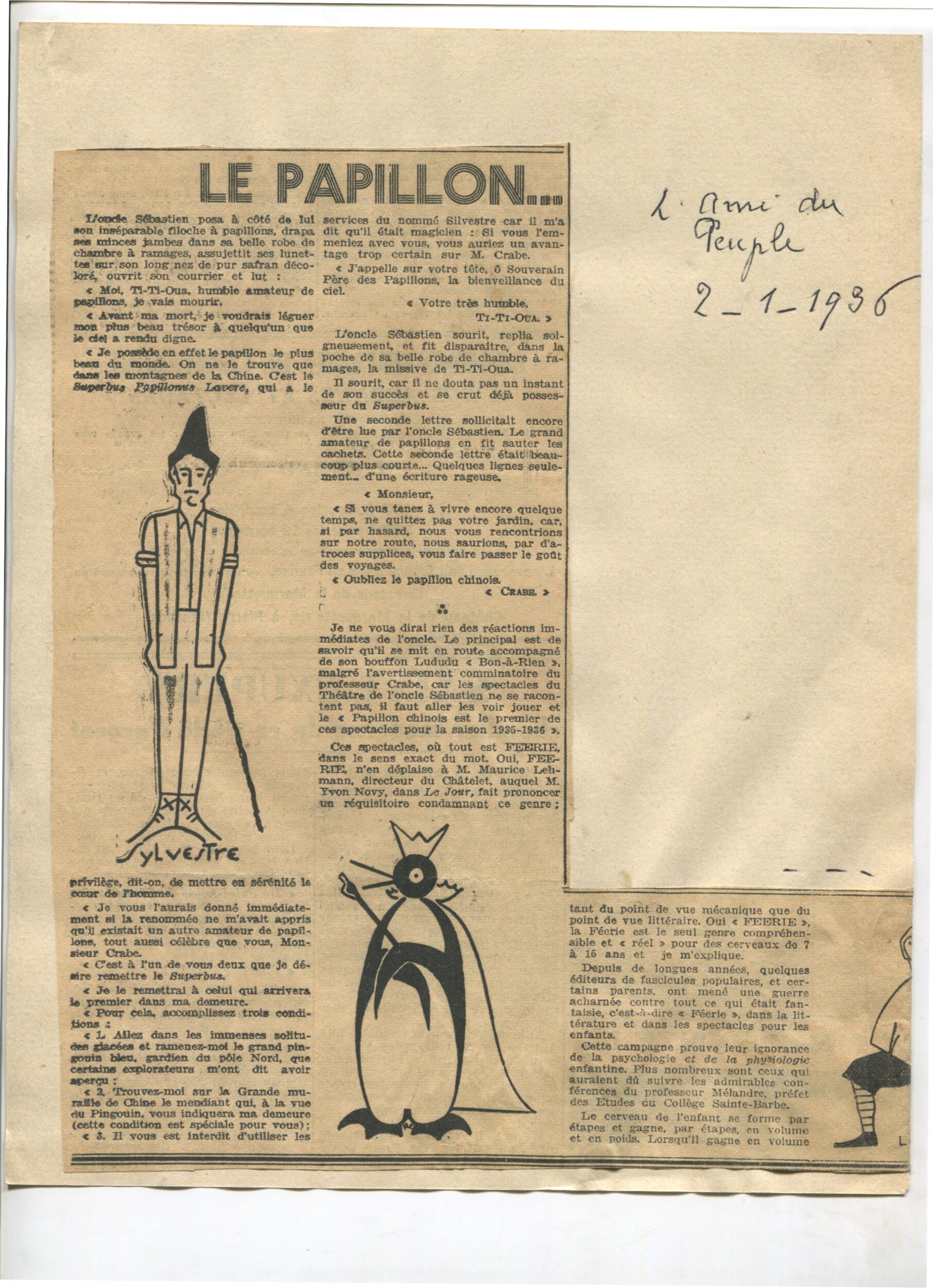Coupure de presse, L'Ami du Peuple, 2 janvier 1936,  SHT, Fonds Léon Chancerel, Boîte 48(3)