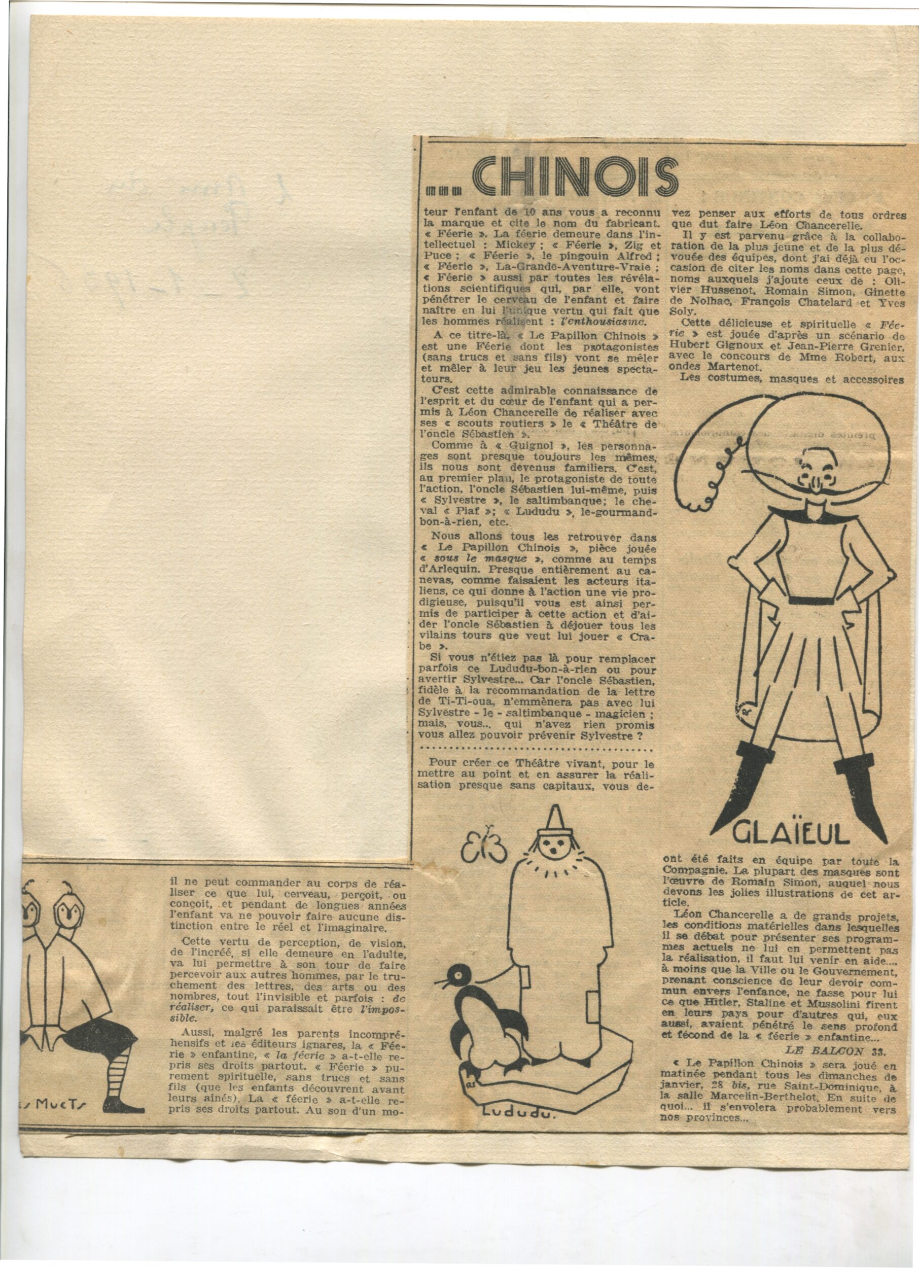 Coupure de presse, L'Ami du Peuple, 2 janvier 1936, SHT, Fonds Léon Chancerel, Boîte 48(3)Coupure de presse, L'Ami du Peuple, 2 janvier 1936, SHT, Fonds Léon Chancerel, Boîte 48(3)