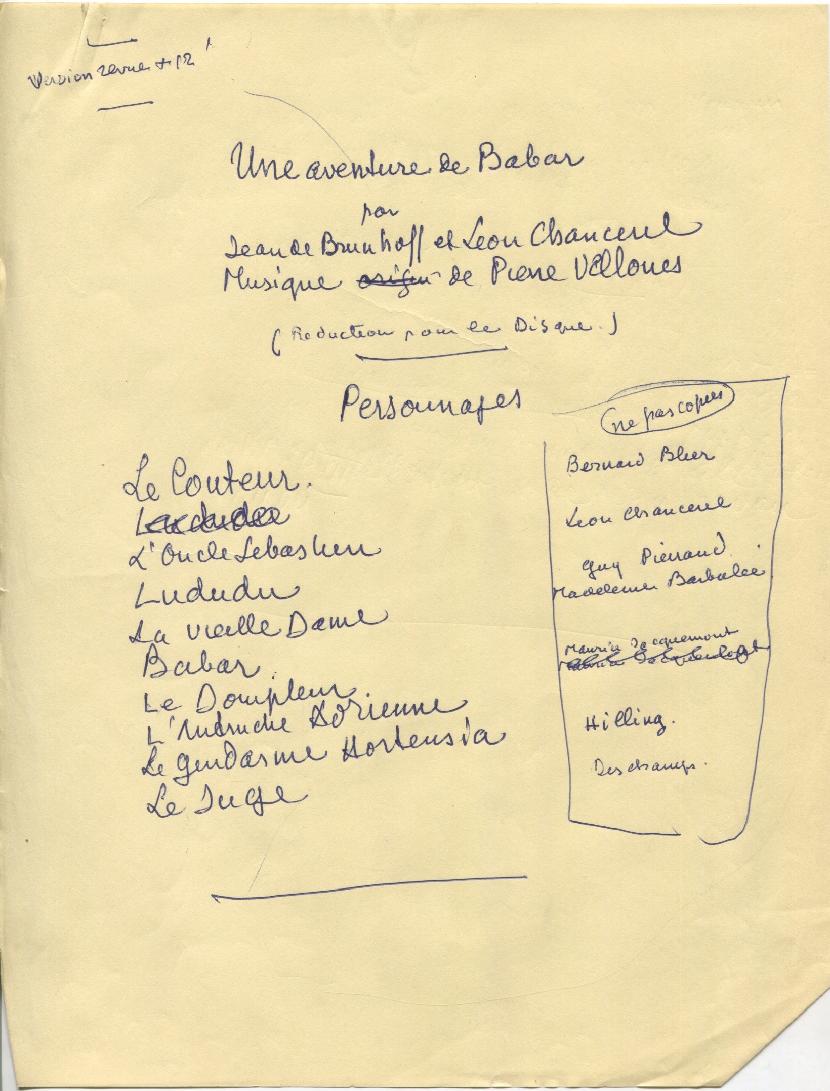 Brouillon manuscrit d'une liste de personnages et d'interprètes pour l'enregistrement d'Une Aventure de Babar (Éditions Gramophone), s.d. (c. 1937), SHT, Fonds Léon Chancerel, Boîte BIV (1)