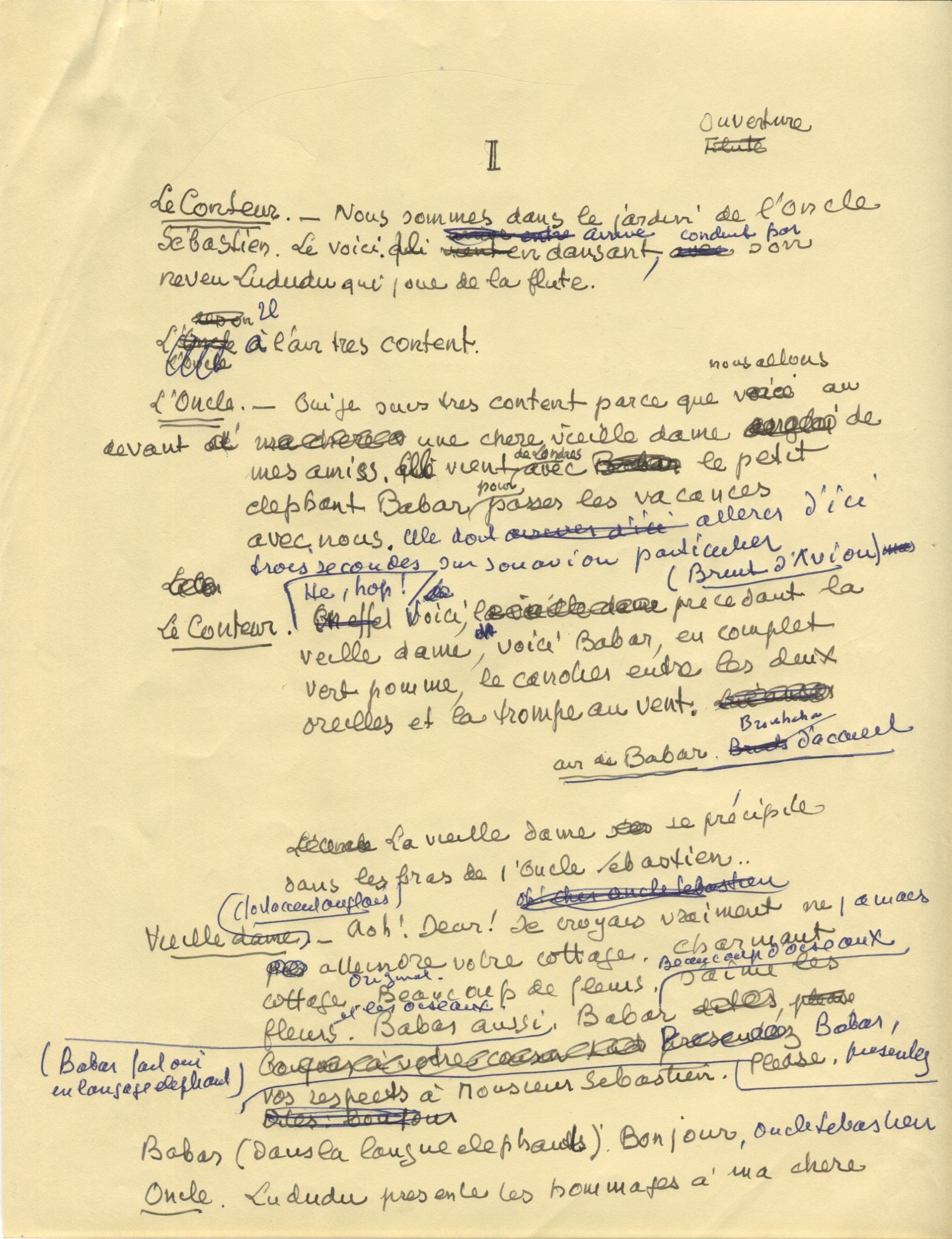 Brouillon manuscrit du scénario pour l'enregistrement d'Une Aventure de Babar, s.d. (c. 1937), SHT, Fonds Léon Chancerel, Boîte BIV (1)