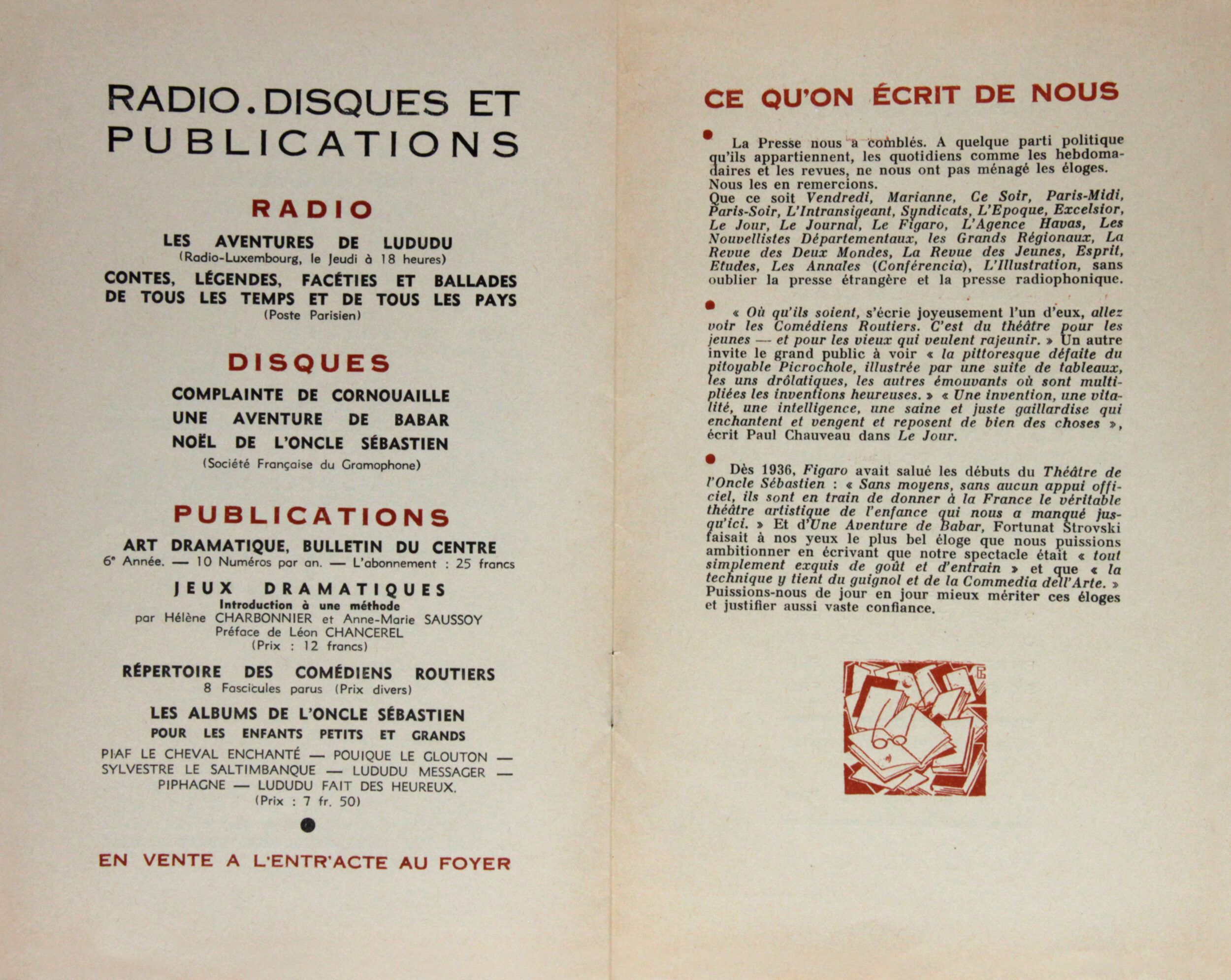 Liste des disques parus dont Une Aventure de Babar (Gramophone), programme Théâtre de l'Oncle Sébastien 1928-1938, 1938,SHT,  Fonds Léon Chancerel, Boîte R43