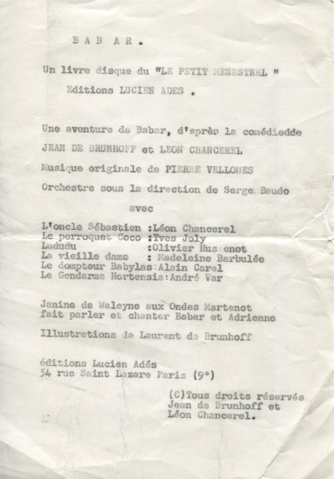 Liste du personnel dramatique figurant sur la première page du scénario du livre-disque Une Aventure de Babar, éditions Lucien Adès, 1957, SHT, Fonds Léon Chancerel, Boîte BIV (1)