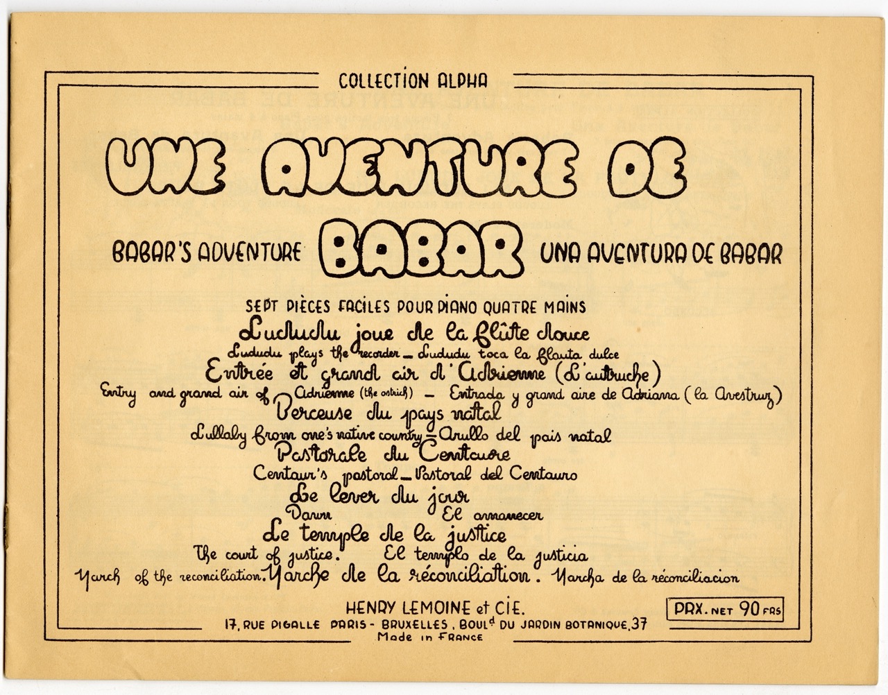 Partition, Une Aventure de Babar « suite de 7 pièces faciles pour piano à quatre mains »,n°6, éditions Lemoine, 1937, SHT, Fonds Léon Chancerel, Boîte BIV (1)