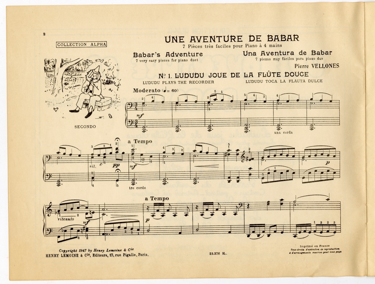 Partition, Une Aventure de Babar « suite de 7 pièces faciles pour piano à quatre mains »,n°6, éditions Lemoine, 1937, SHT, Fonds Léon Chancerel, Boîte BIV (1)