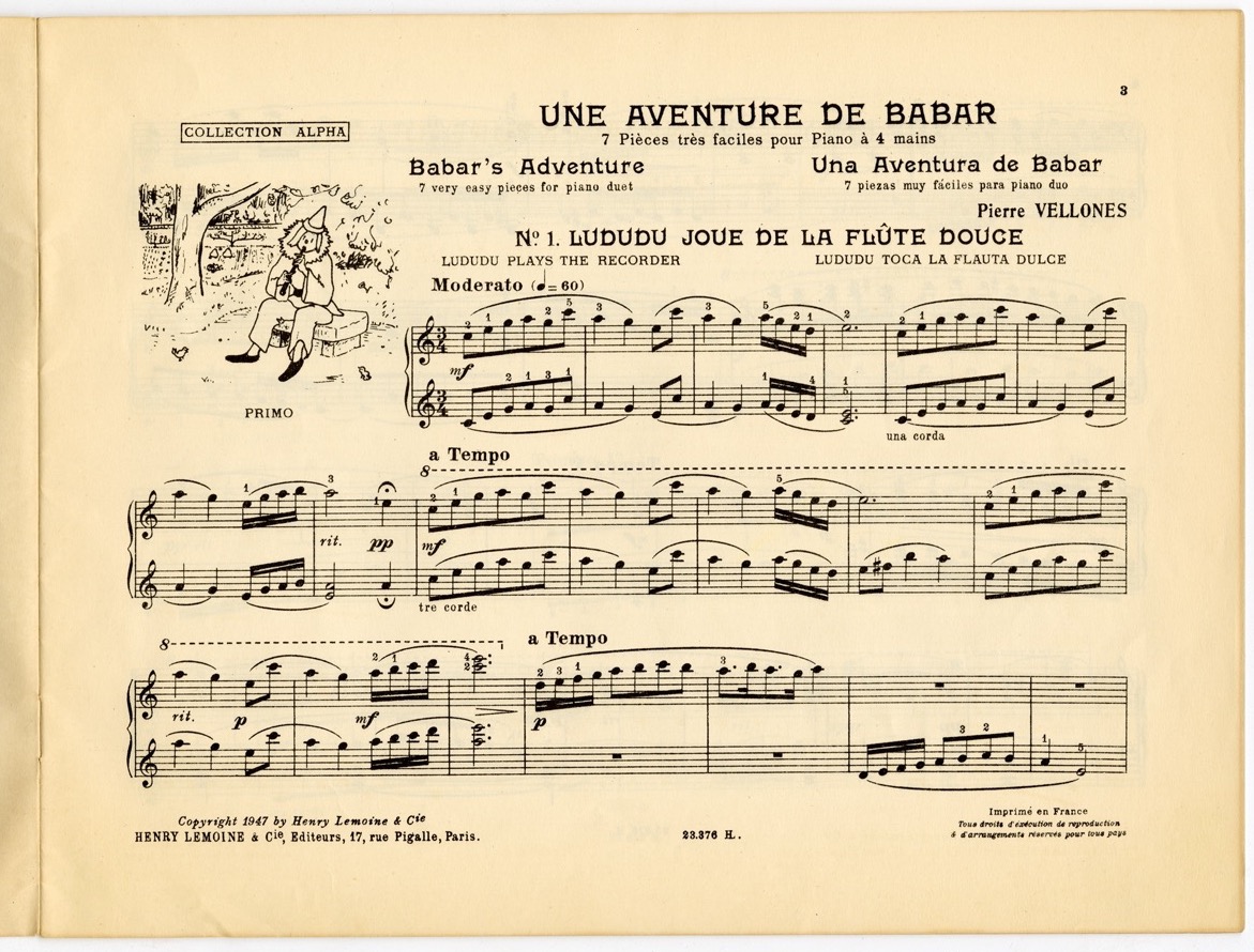 Partition, Une Aventure de Babar « suite de 7 pièces faciles pour piano à quatre mains »,n°6, éditions Lemoine, 1937, SHT, Fonds Léon Chancerel, Boîte BIV (1)