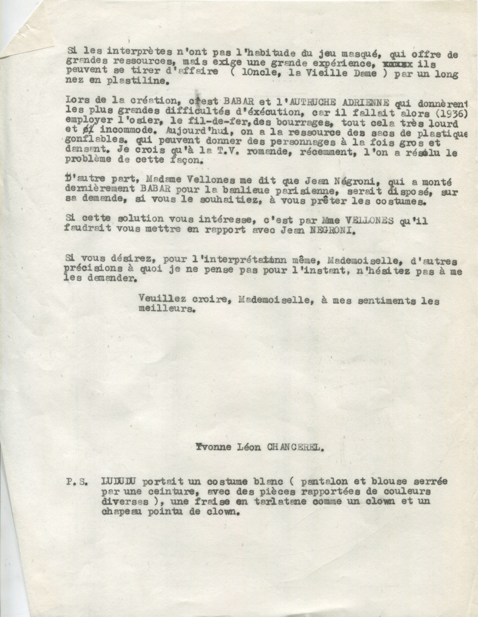 Lettre de Madame Chancerel à Geneviève Hong, 9 février 1970,  SHT, Fonds Léon Chancerel, Boîte BIV (1)