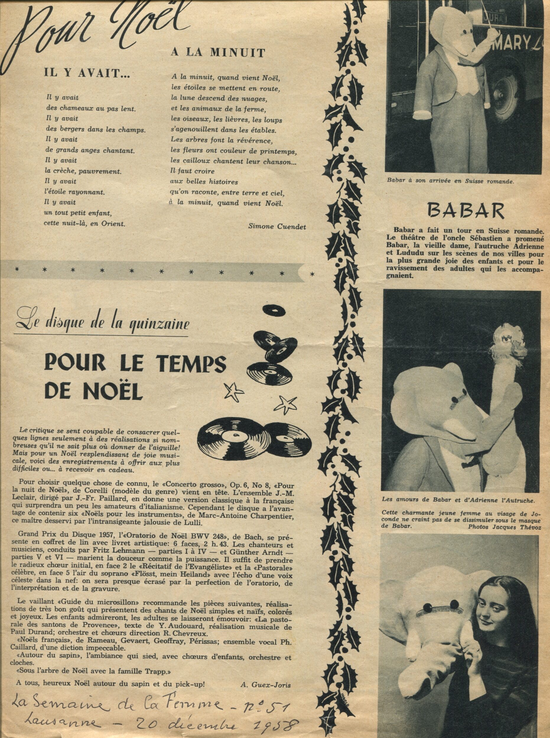 Coupure de presse, parue dans La Semaine de la Femme, n°51, 1958,  SHT,  Fonds Léon Chancerel, Boîte BIV