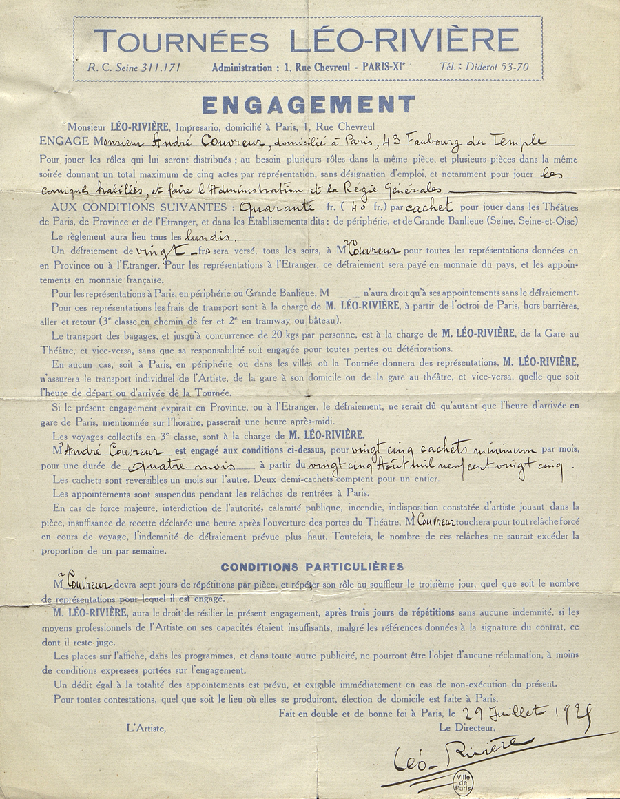 Engagement d’André Couvreur pour une tournée Léo-Rivière, 1925. BHVP