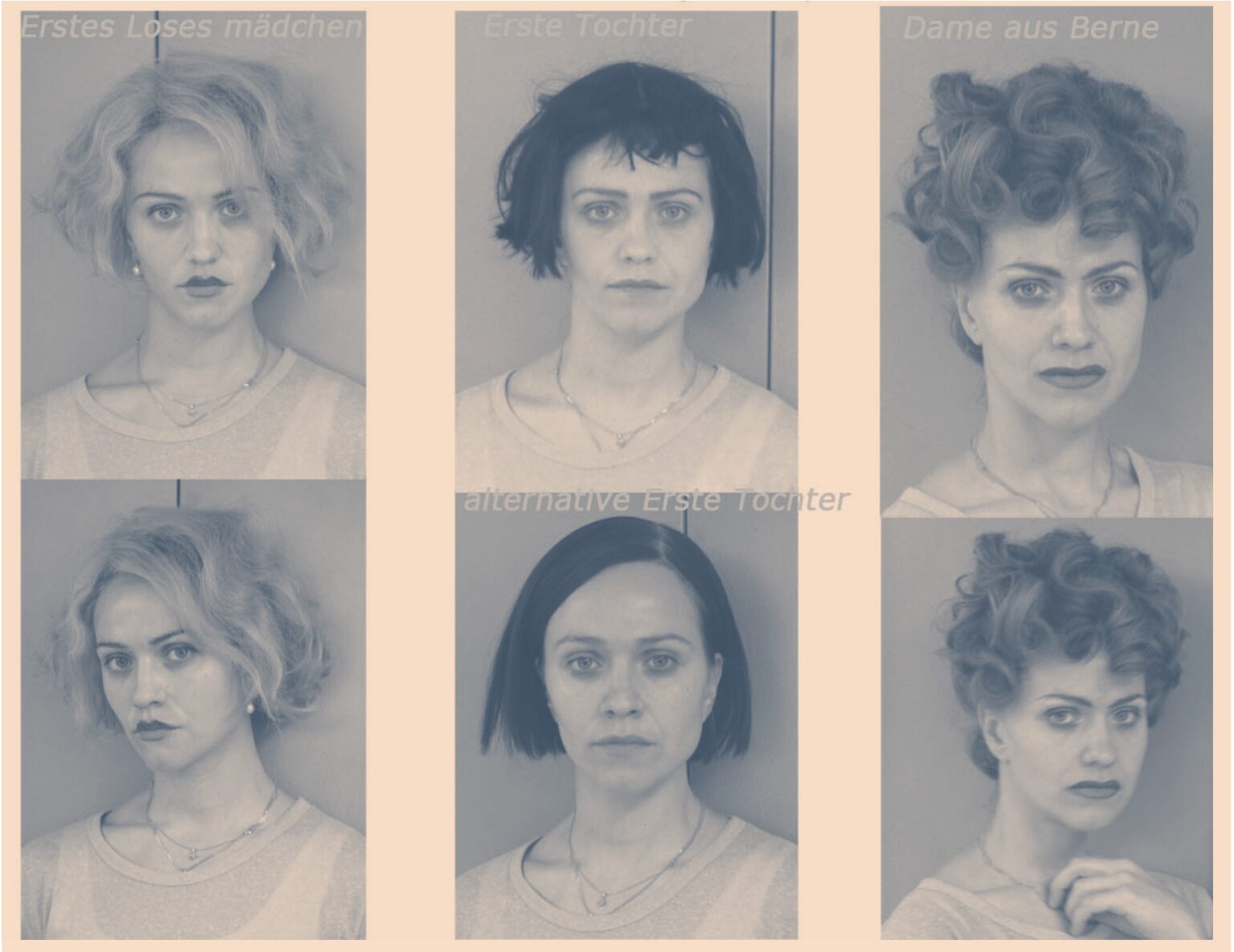 1	Essais maquillage : une comédienne, trois personnages, six propositions, pour Don Juan Kommt aus dem Krieg d’Ödön von Horváth, mise en scène de Luc Bondy au Berliner Ensemble, 2013. Archive Cécile Kretschmar