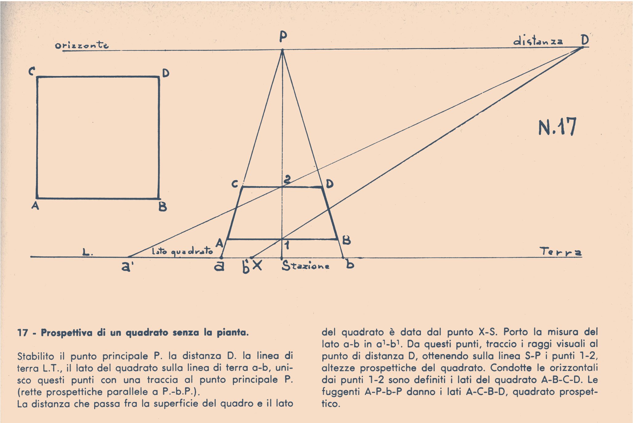 2	Planche 17 du traité de Bruno Mello, « Perspective d'un carré sans le plan ».