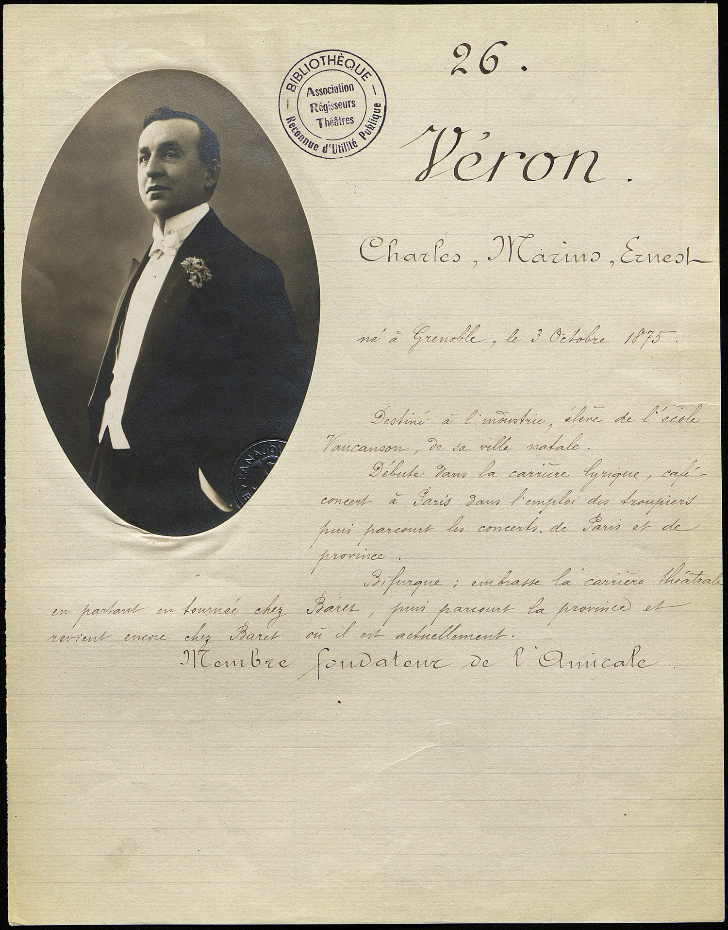 Document avec biographie de Charles Véron