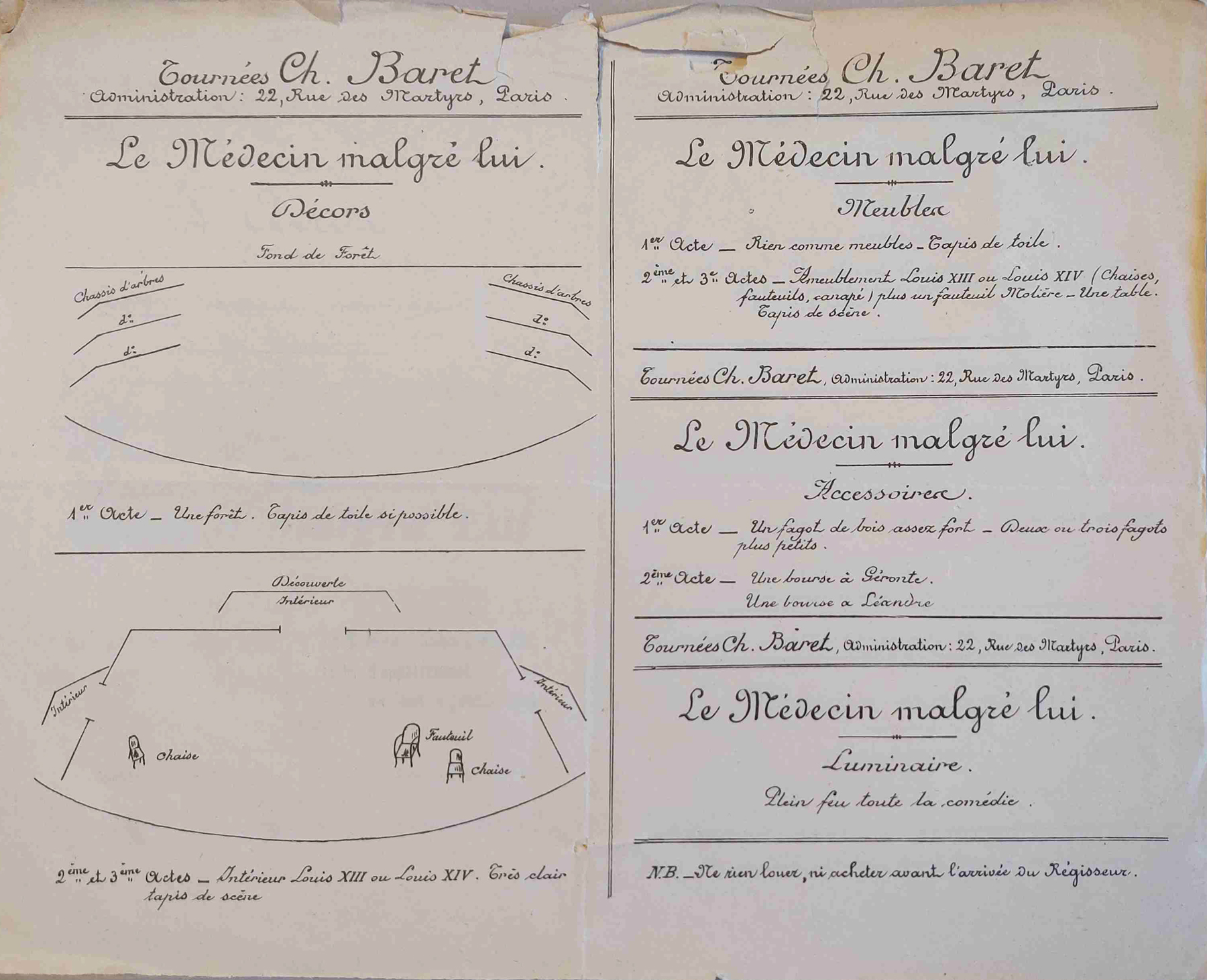 Archive avec schéma de la plantation pour Le Médecin malgré lui.