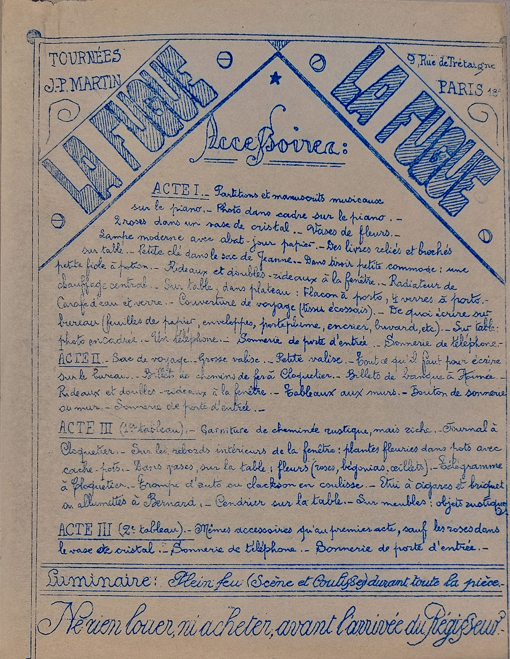 Tournées J.-P. Martin. Liste d’accessoires pour La Fugue, vers 1932.