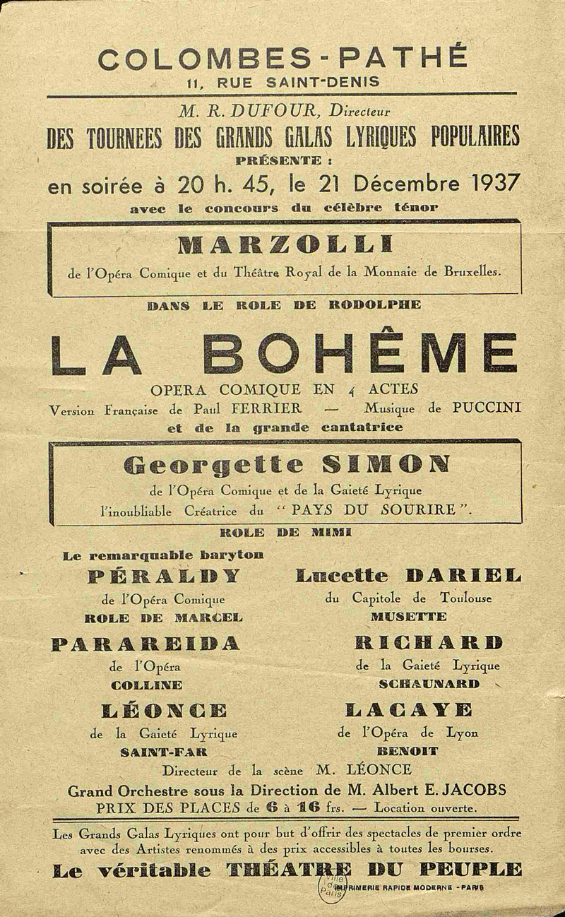 Programme pour La Bohême, 1937.