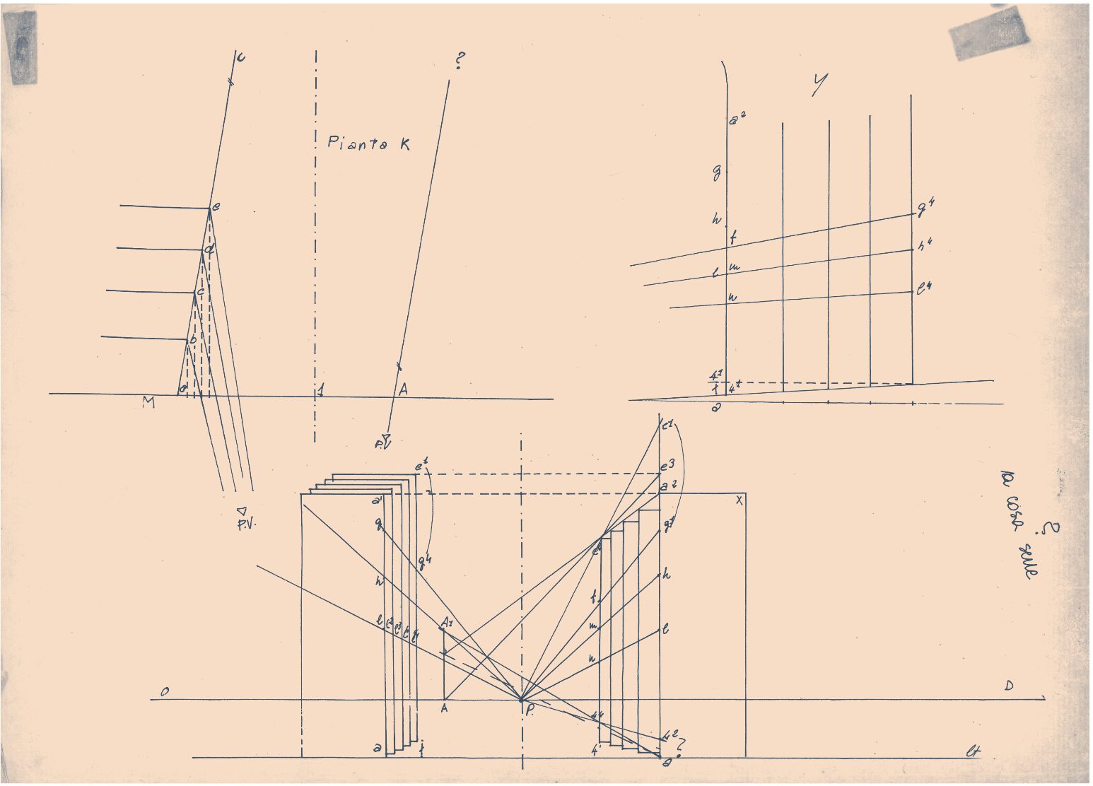3	Planche 36 du traité de Bruno Mello, détail d'un décor à partir de la restitution du croquis, ou « Méthode du quadrillage régulier et des points de fuite sur le plan du décor ».